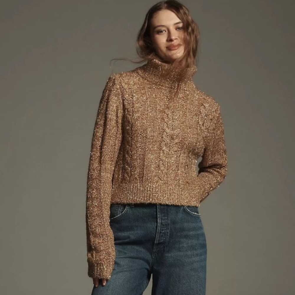 Anthropologie Pilcro Shine Cable Knit Turtleneck Sweater Gold Tinsel Tan Size XL